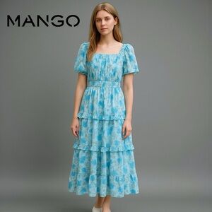 Mango Dress Blue Floral Tiered Ruffle Midi Empire Waist Milkmaid Cottagecore XS
